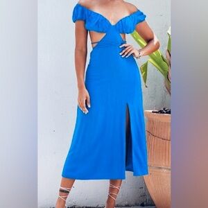 Bright Blue Off-the-Shoulder Dress – Cut-Out Sides & High Slit – Size S